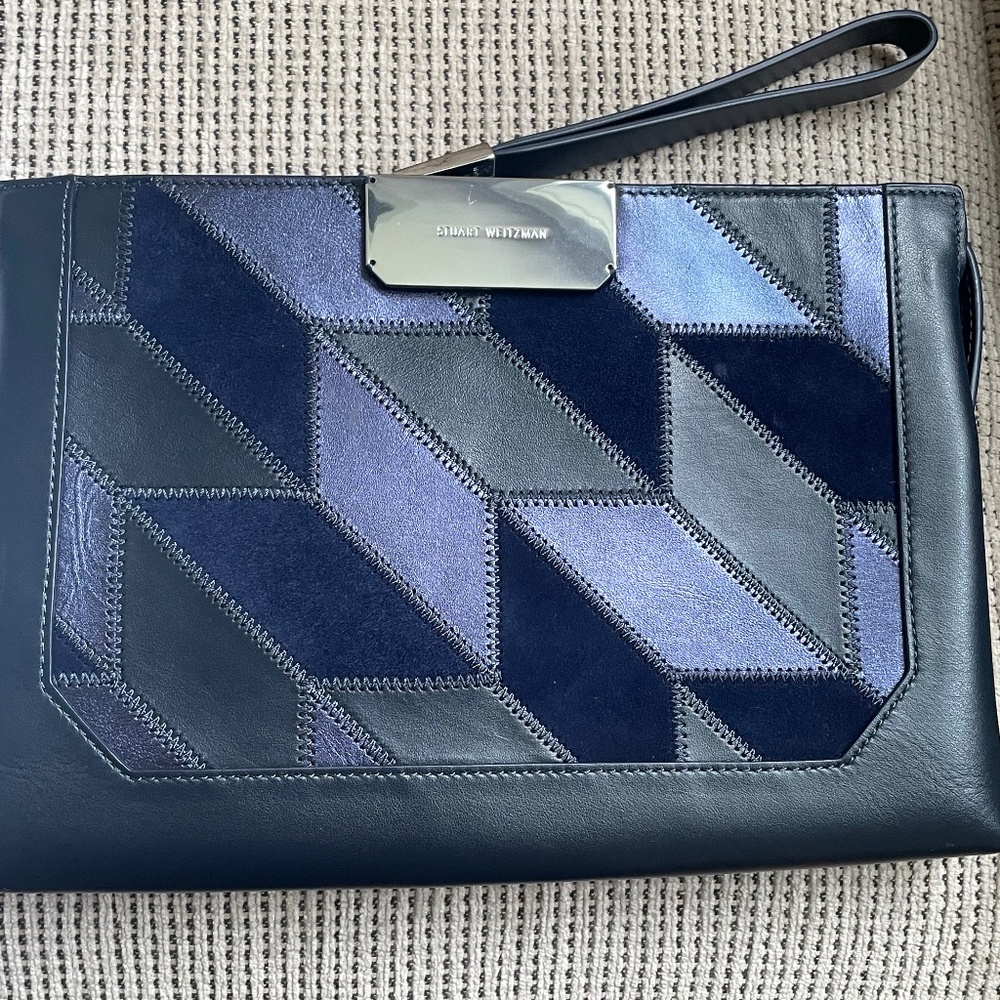 Stuart Weitzman navy leather and suede patchwork bag